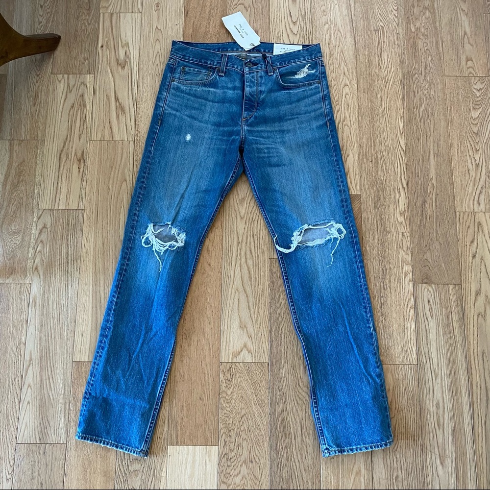 Rag & Bone Men’s Slim Straight Distressed Light Wash Denim Jeans Ripped Knees